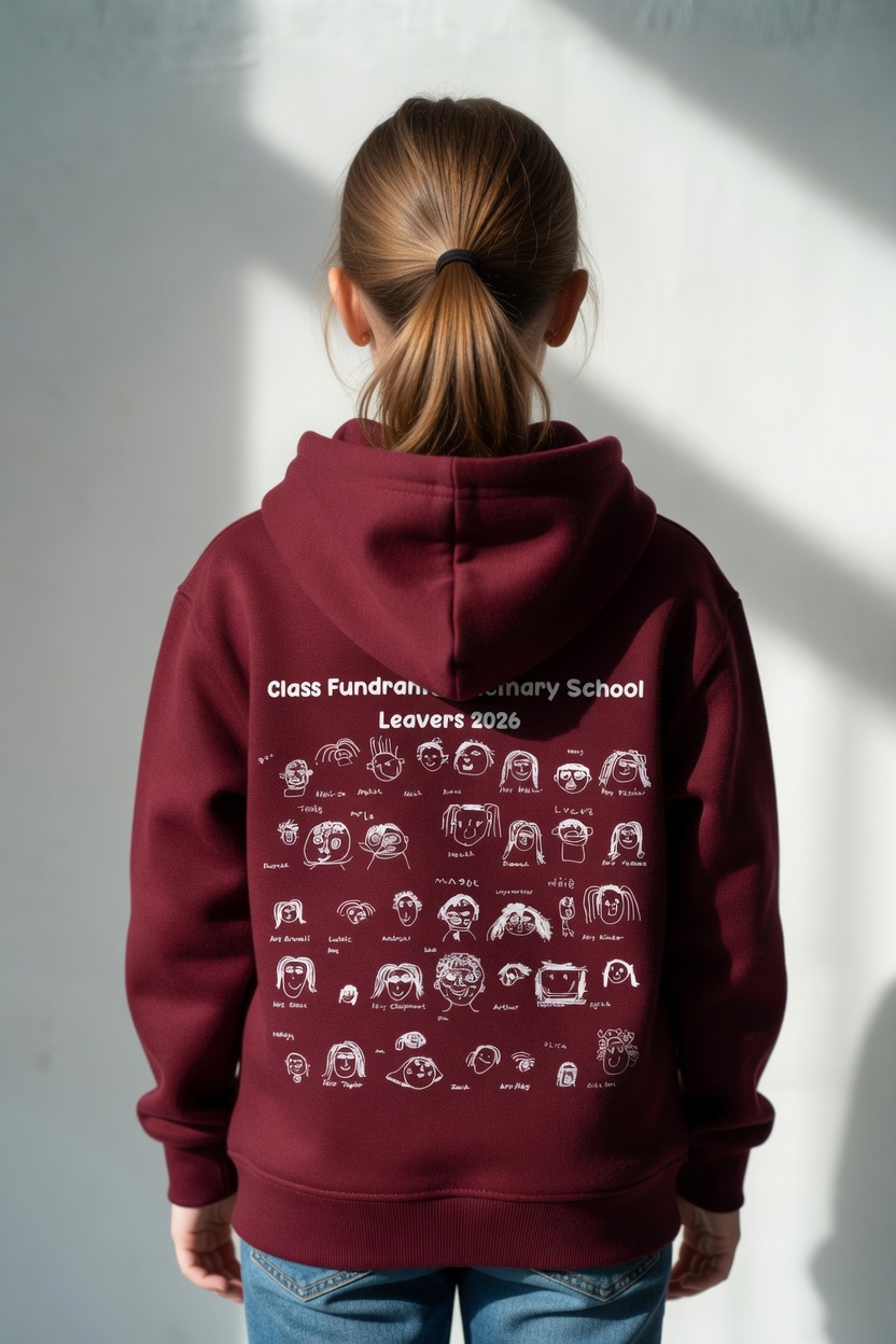 Girl wearing a maroon school leavers hoodie with children's self-portrait drawings printed on the back
