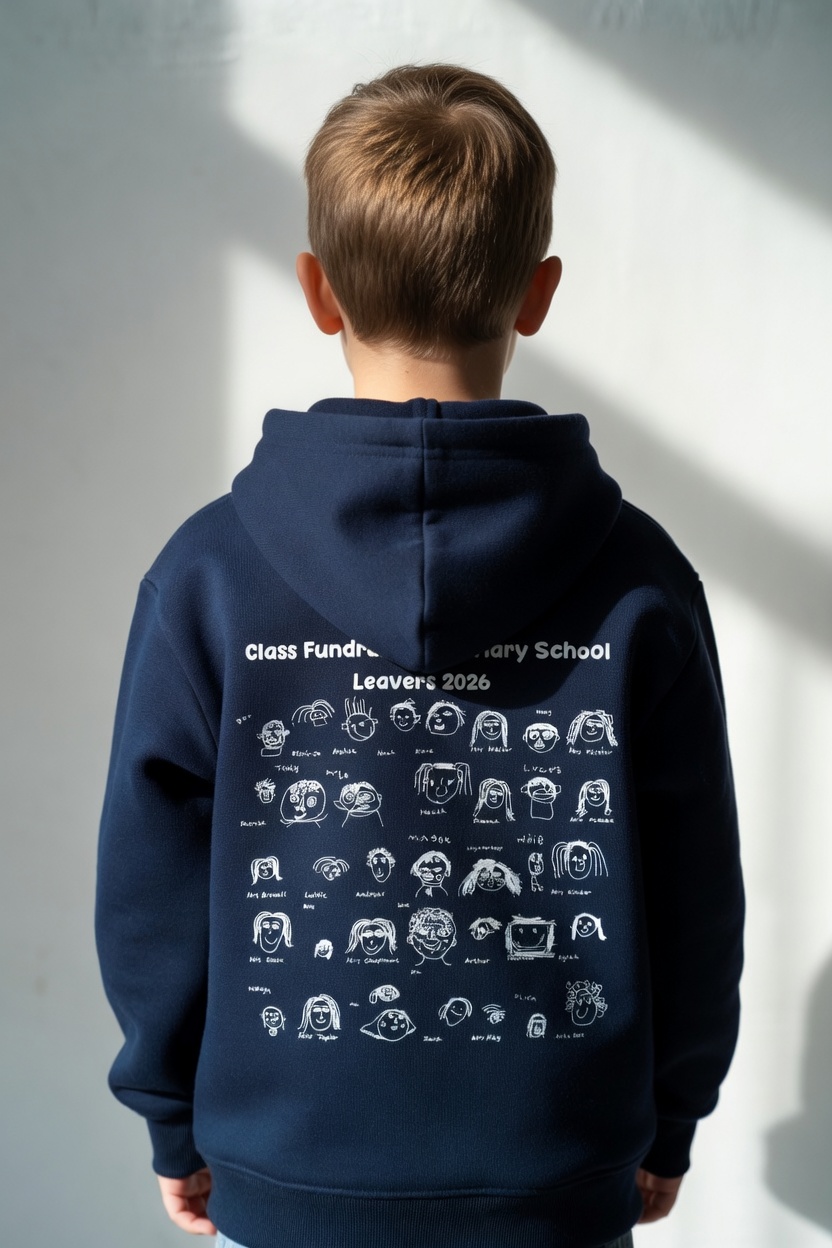 Boy wearing a navy school leavers hoodie with children's self-portrait drawings printed on the back